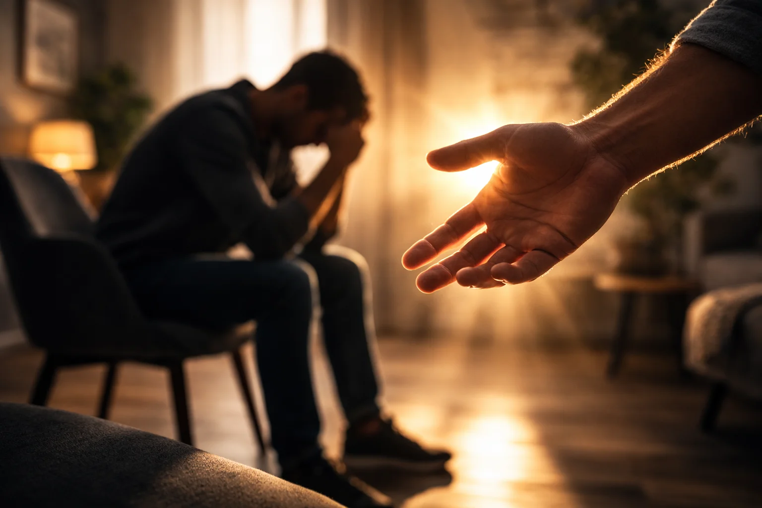 Main tendue offrant de l'aide vers une silhouette assise seule dans la pénombre avec une lumière chaleureuse en arrière-plan