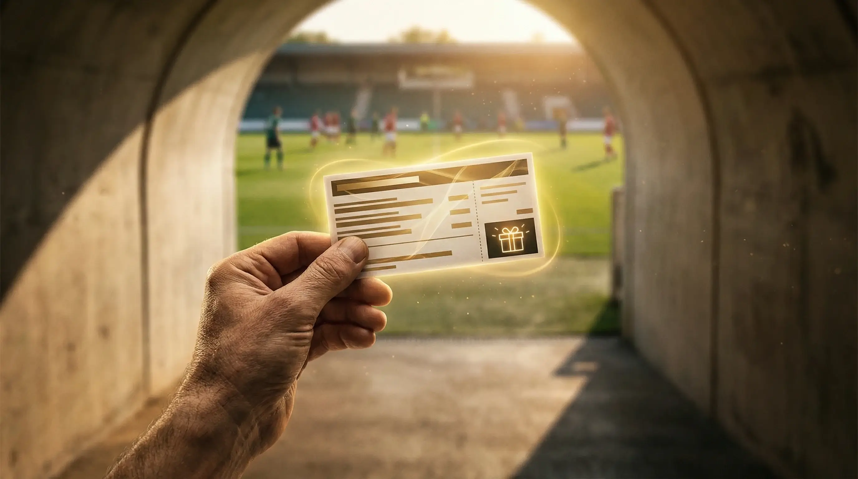 Main d'un parieur tenant un ticket de pari sportif avec un symbole de cadeau lumineux et un terrain de sport en arrière-plan