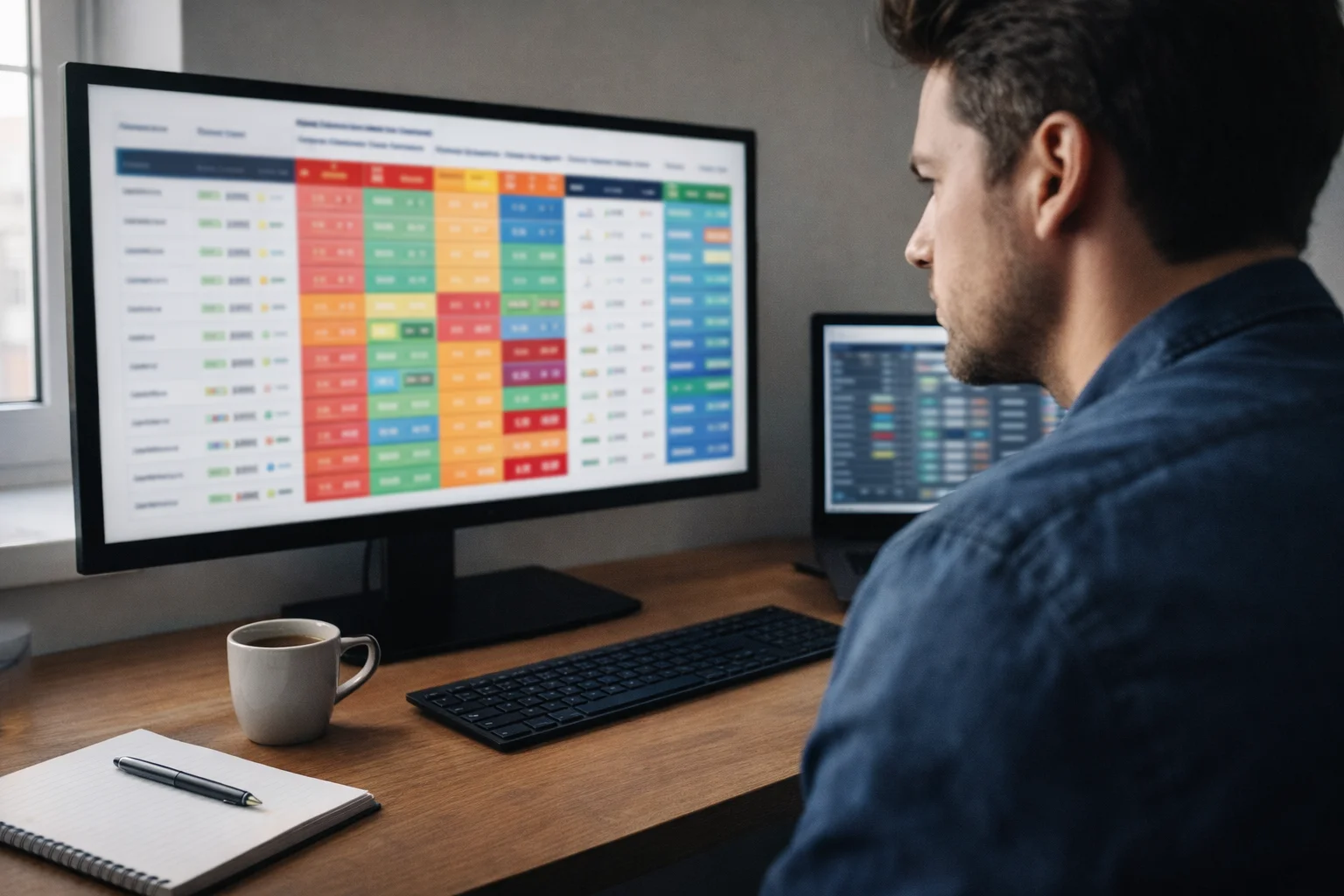 Homme concentré comparant plusieurs écrans d'ordinateur affichant des sites de paris sportifs dans un bureau moderne