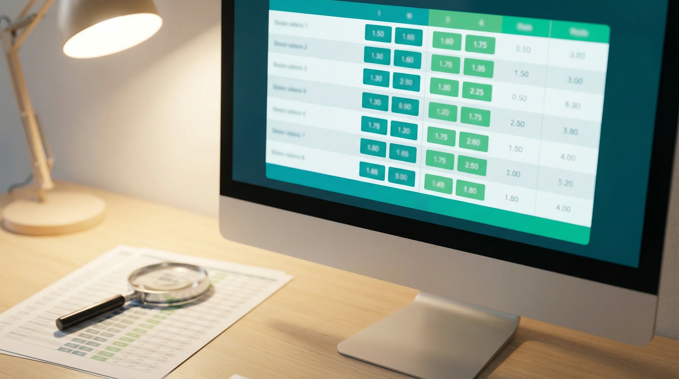 Écran d'ordinateur affichant un tableau de cotes sportives avec des chiffres mis en surbrillance et une loupe posée à côté