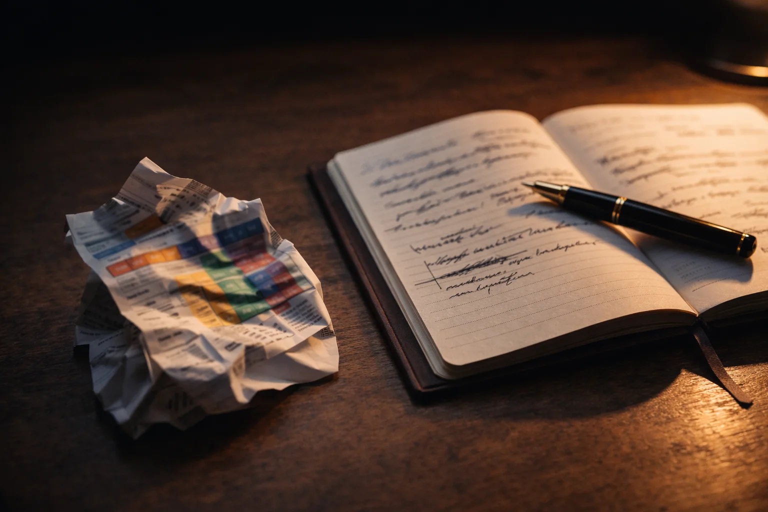 Ticket de pari sportif froissé et jeté sur un bureau à côté d'un carnet de notes ouvert avec des annotations