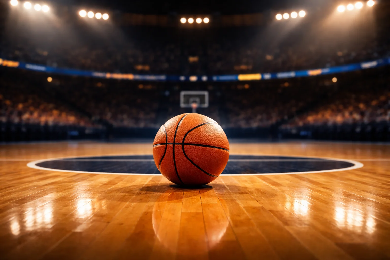 Terrain de basketball NBA avec ballon orange sur parquet brillant éclairé par les projecteurs d'une arène