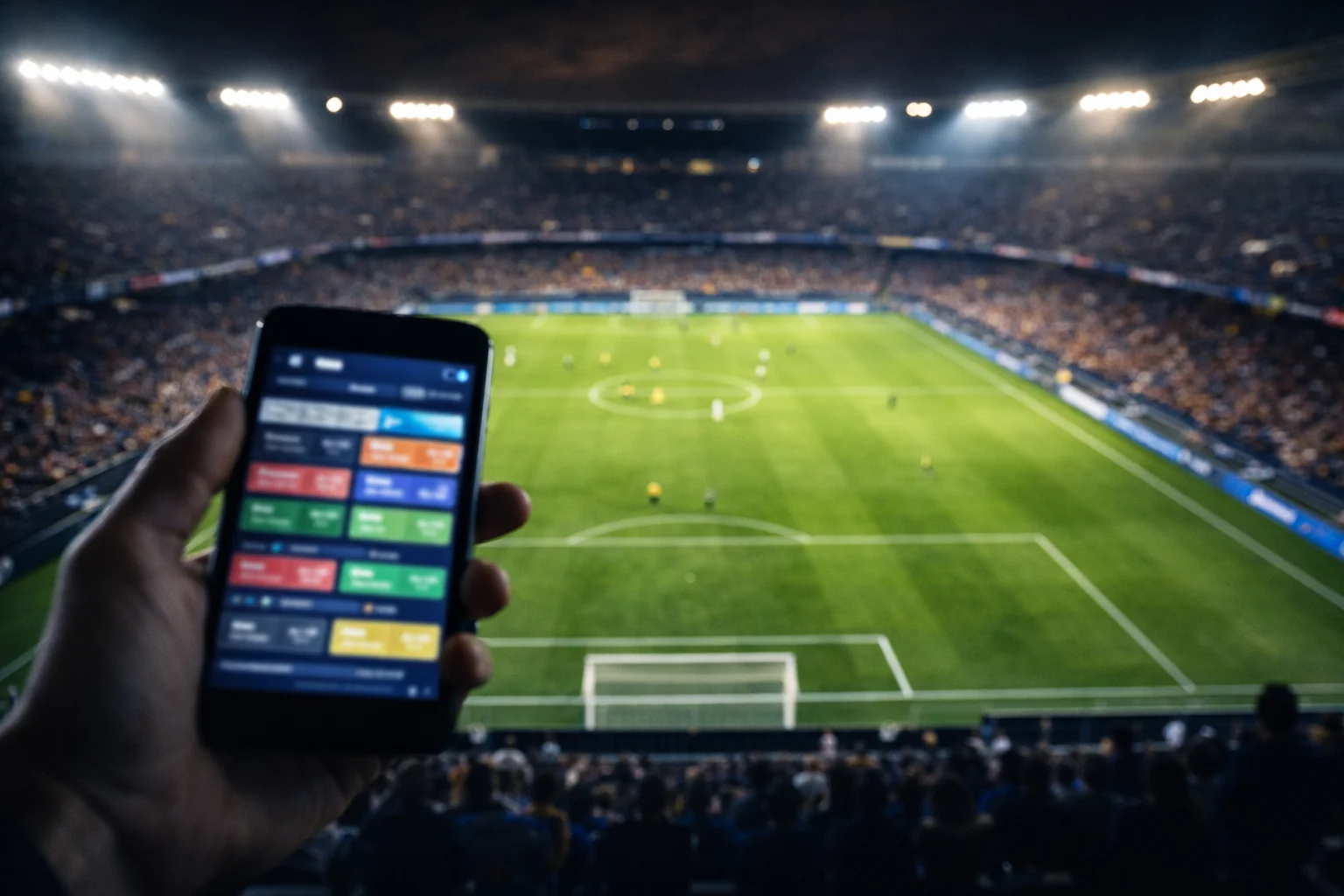 Stade de football illuminé la nuit avec un match en cours vu depuis les tribunes et un smartphone au premier plan