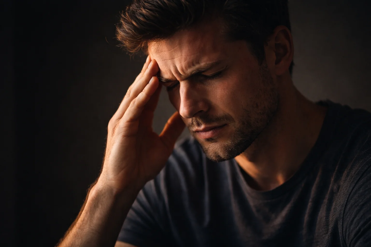 Gros plan sur le visage concentré d'un homme les yeux fermés avec une main sur la tempe dans une lumière tamisée