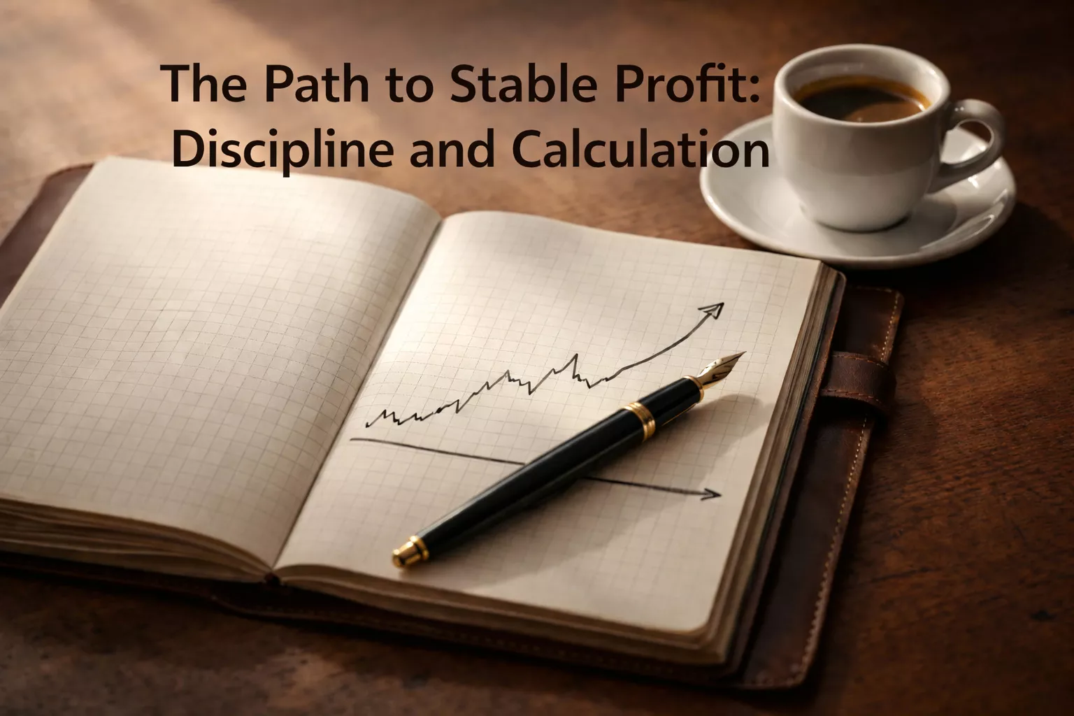 Carnet de notes ouvert avec une courbe de profit ascendante tracée à la main et un stylo posé dessus sur un bureau en bois