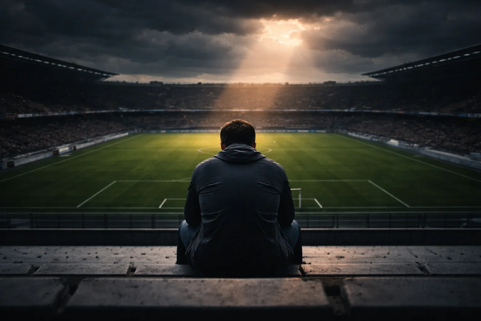 Parieur assis seul dans les tribunes vides d'un stade de football sous un ciel orageux avec une lumière dramatique